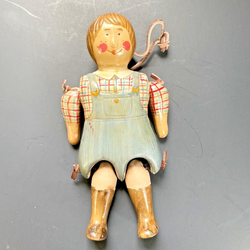 Vtg Hand painted Ceramic Doll Ornament Articulated‎ Arms And Legs Country Boy